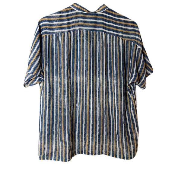 TOMMY BAHAMA Blue Sheer Short Sleeve Collarless Stripe Button Front Shirt LARGE - Picture 2 of 9